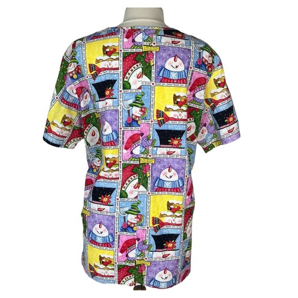 Cherokee Christmas Snowmen Scrub Top Shirt Womens Medium White Blue Vneck - Picture 2 of 8